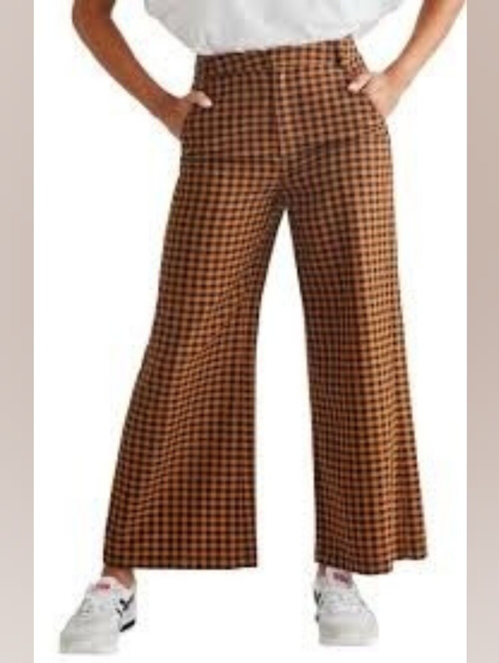 Free People High-rise Wide Leg Cropped Gingham Pants Trousers Brown Black 6